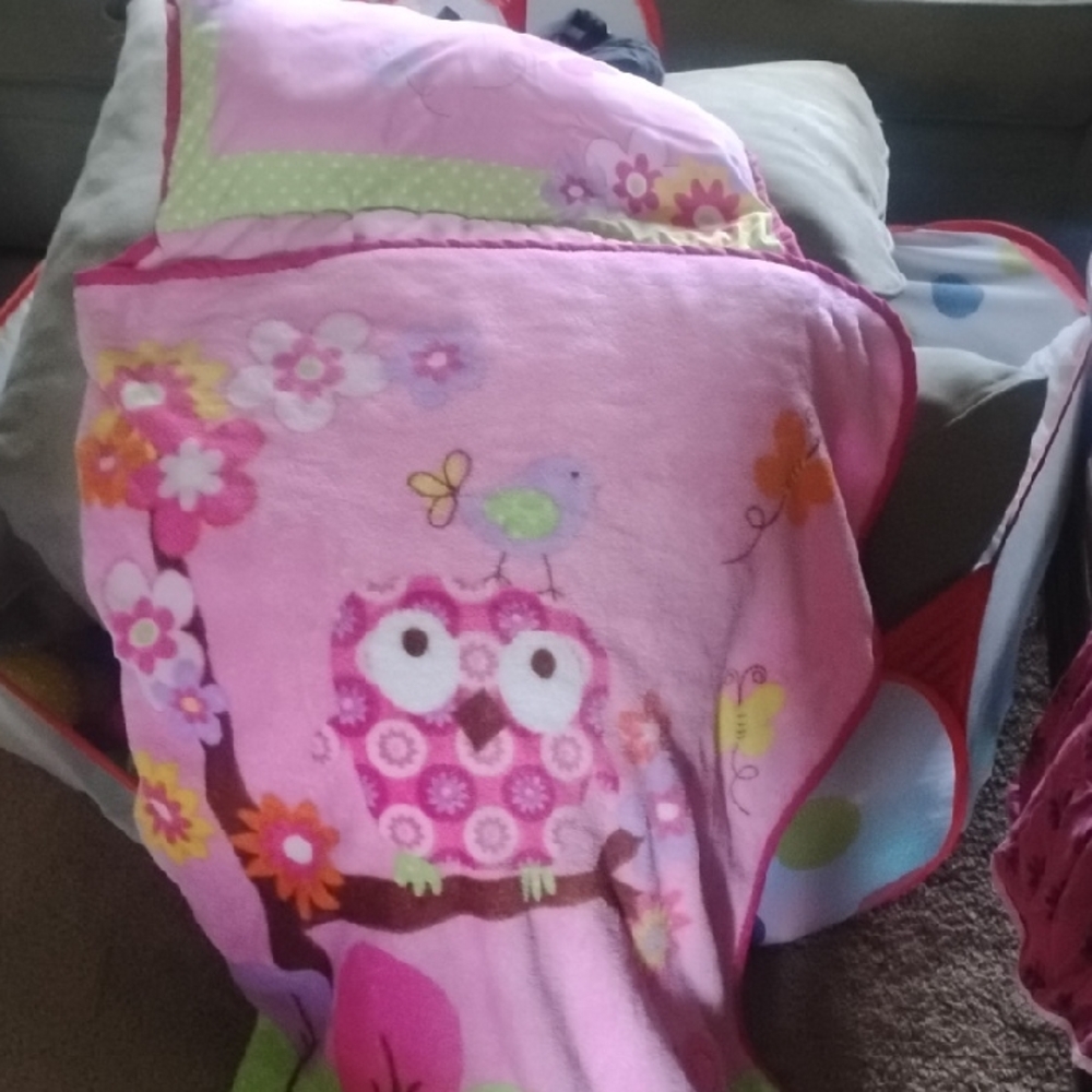 Pink Owl and Floral Blanket. Lays On The Ground It Has A Pillow Attached